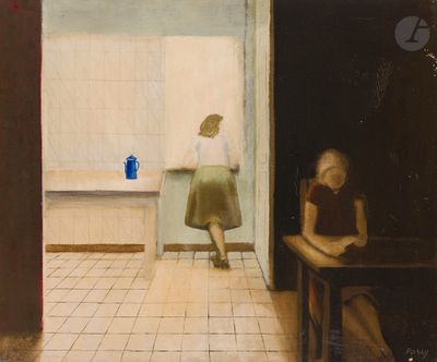 un tableau représentant une femme assise à une table dans une cuisine
