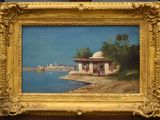 an oil painting of a beach scene with a boat in the water and a building in the background
