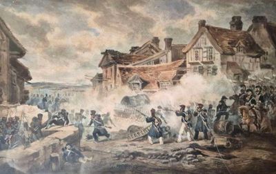 an old painting of a group of men standing in front of a building