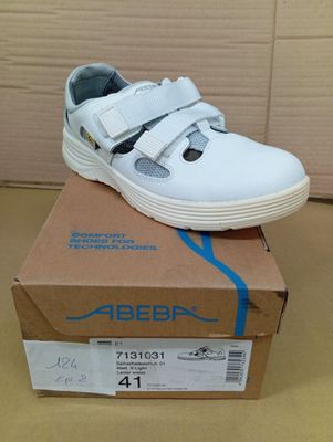 the shoe is white and has a blue stripe on the side