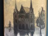 une peinture à l'huile représentant un château au milieu d'un lac