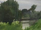 une aquarelle représentant une rivière avec des arbres en arrière-plan