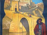 an old poster of a man walking across a bridge with a castle in the background