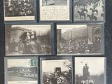 several old black and white photographs of people and horses in a town