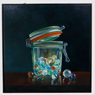 Yves de Roo (B. 1954), Marbles in a Preserving Jar, signé et…