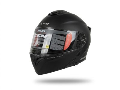 le casque est noir et comporte un étau transparent