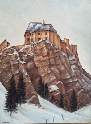 un tableau représentant un château au sommet d'une montagne