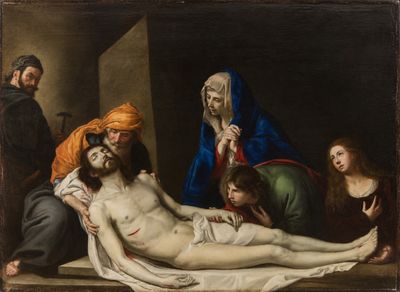 an image of a painting of jesus laying on the cross with other people
