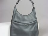grey leather handbag with chain strap and shoulder strap
