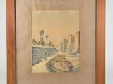 an old picture of a painting of a beach scene with palm trees