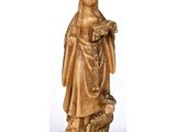 an image of a statue of a woman holding a bird on a wooden base