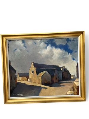 tableau représentant une scène de village avec une maison et un cheval au premier plan