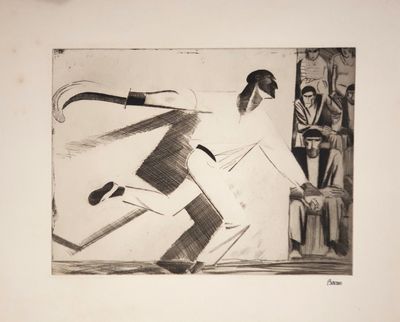 drawing of a man in a white shirt and black pants holding a baseball bat
