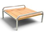 un cadre de lit en métal avec un plateau en bois sur fond blanc