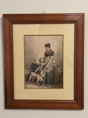 tableau représentant une femme avec un chien et un chat, dans un cadre en bois