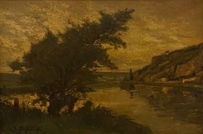 tableau représentant une scène fluviale avec un bateau au premier plan