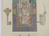 an image of a drawing of a building with a clock and a key