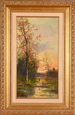 un tableau représentant un paysage avec des arbres et une rivière