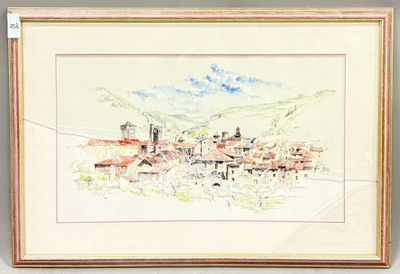 tableau représentant un village avec une tour horloge en son centre