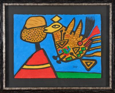 an image of a painting of a bird on a blue background