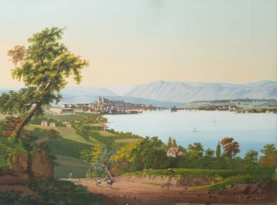 tableau représentant une vue sur un lac et une ville, avec une montagne en arrière-plan