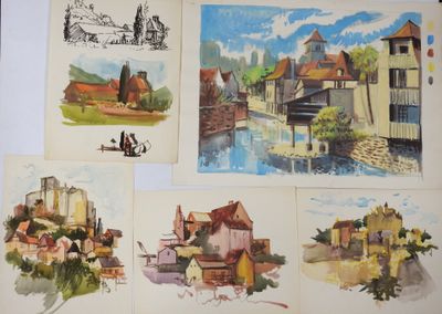 four watercolor paintings of a village and a river in different stages of development