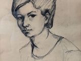 drawing of a young boy in a white shirt with a black and white background