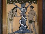 painting of a snake and a man standing next to a tree with a snake on it