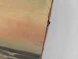 an oil painting of a sailboat on the ocean with a sunset in the background