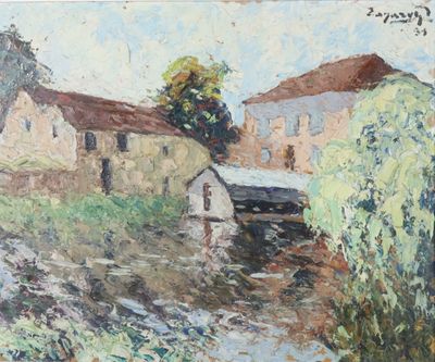 une image représentant un tableau où l'on voit une maison et une rivière