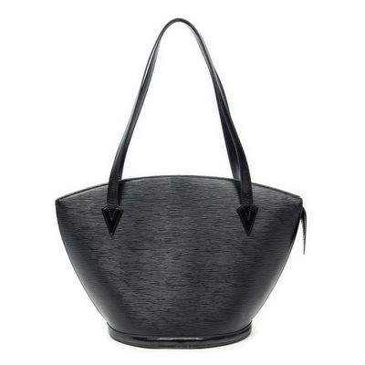 a black handbag with a black handle on a white background