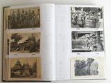 an open book with pictures of people and buildings in it