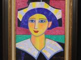 a painting of a woman with a blue hat and a pink background