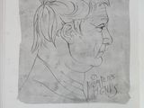 drawing of a woman ' s profile in a book with writing on it