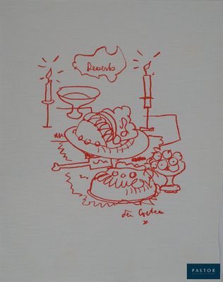 un dessin représentant un homme assis à une table devant une assiette de nourriture