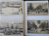 several old black and white photos of people and horses in a city