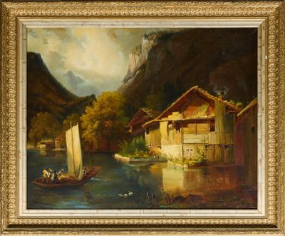 une image représentant un tableau où l'on voit un bateau sur l'eau près d'une maison