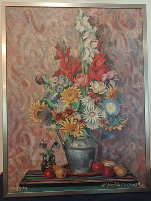 a painting of flowers in a vase on a table