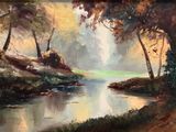 a painting of a river running through a forest