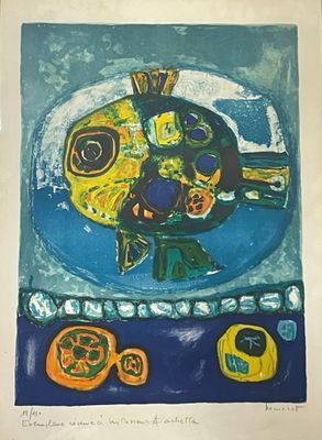 a painting of a fish on a plate on a table