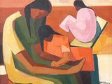 un tableau représentant une femme en train de lire un livre à un enfant