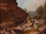 une peinture représentant un paysage rocheux avec des rochers et de l'herbe au premier plan