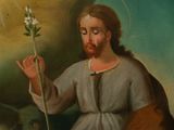 an image of a painting of jesus holding a flower in his hand