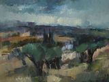 painting of a painting of a landscape with horses in the foreground and buildings in the distance