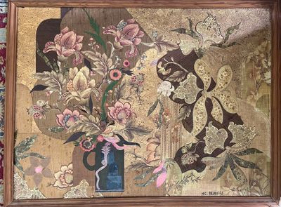 a picture of a painting of flowers in a blue vase