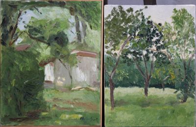 deux tableaux représentant des arbres dans un champ, avec une maison en arrière-plan