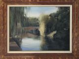 an oil painting of a river scene with a bridge and willow trees