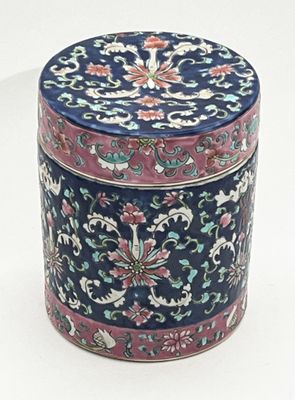 a blue and pink box with a floral design on it