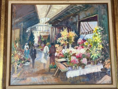 a painting of a flower market with people walking by
