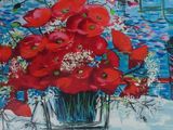 a painting of red flowers in a vase on a table
